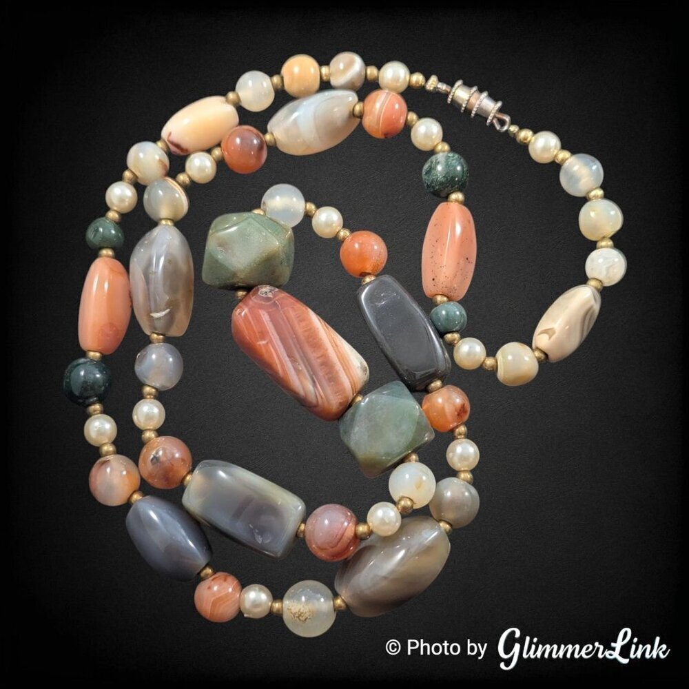 Vintage Multi Gemstone Faux Pearl Bohemian Earth Tones Beggar Bead 25" Necklace